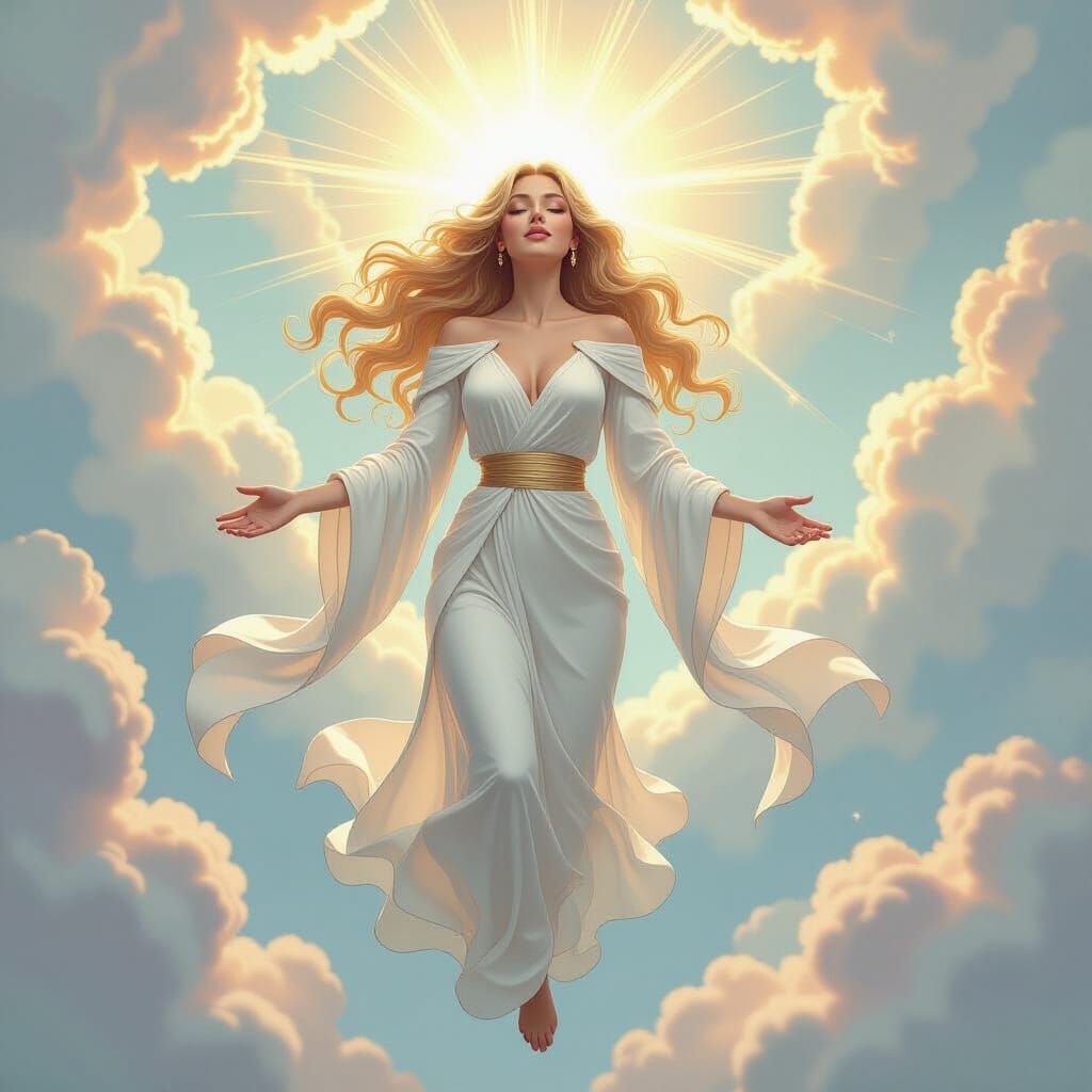 Divine Woman Descends in Vibrant Comic Art Style