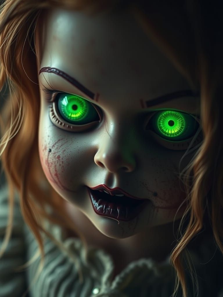 Haunted Doll with Glowing Eyes, Photorealistic HDR
