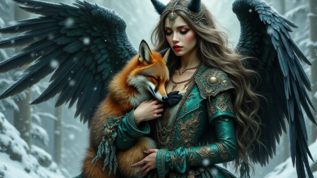 Ethereal Angel Protects Slumbering Fox in Snowy Forest