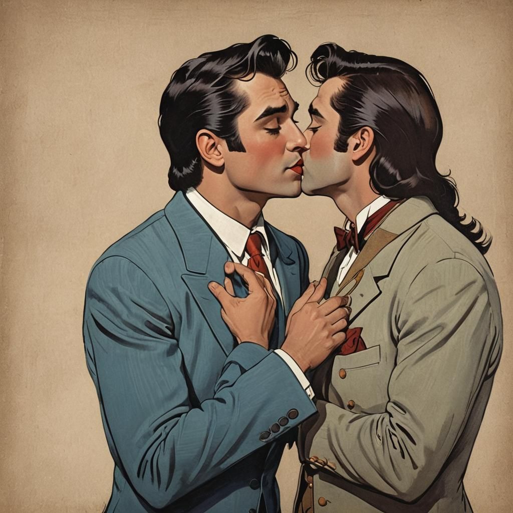 Two Men Kissing in Classic Disney Style