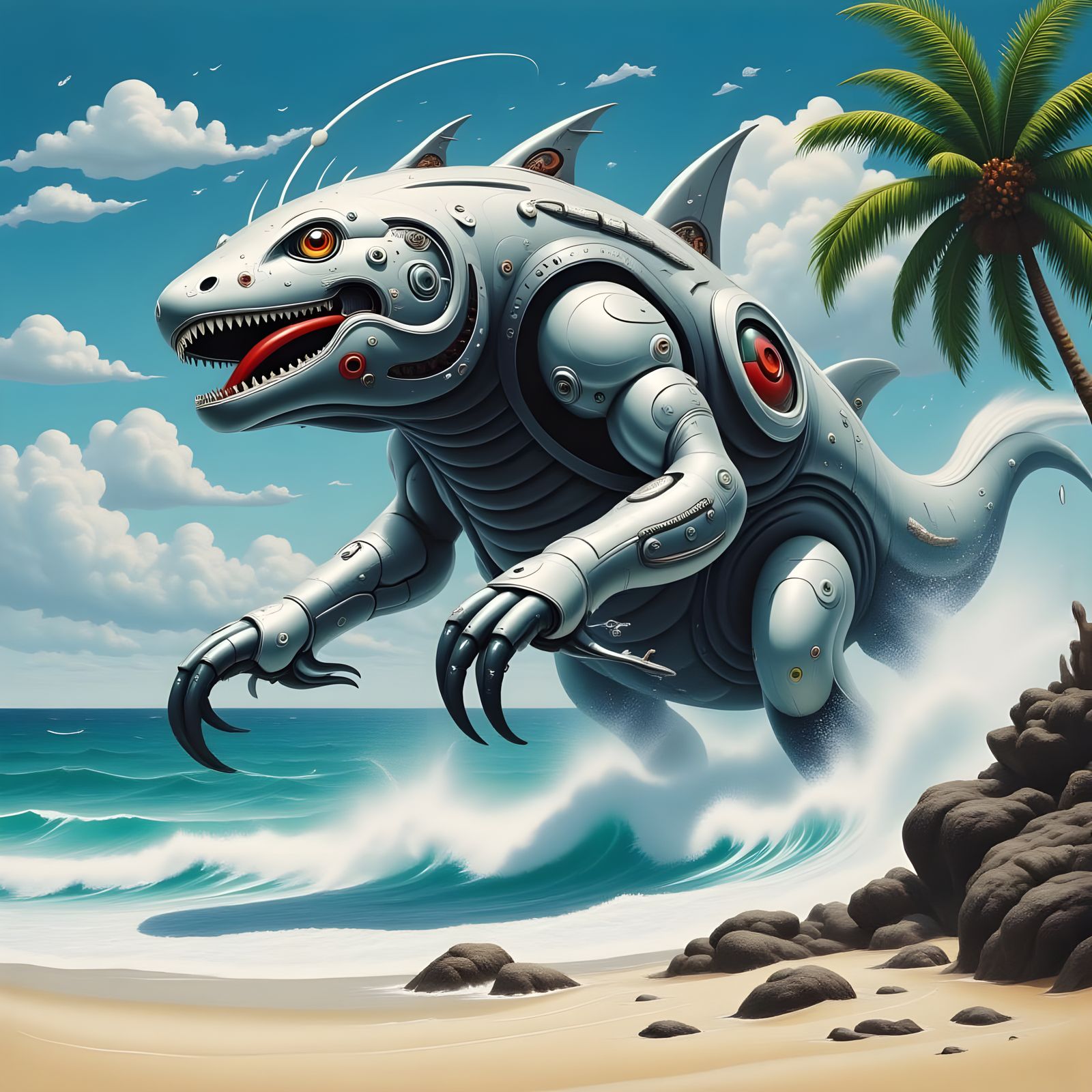 Robotic Shark Rhino Hybrid Charges onto Ocean Beach in a Vib...