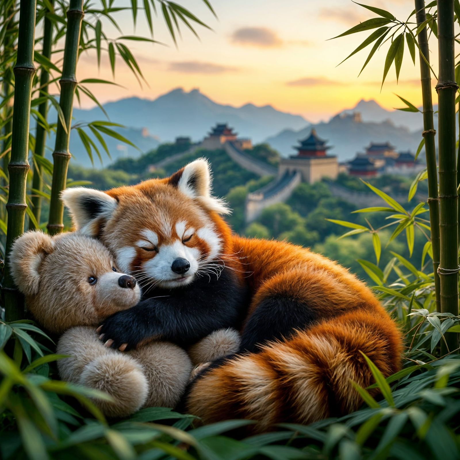 Red Panda Sleeps with Teddy Bear by Great Wall