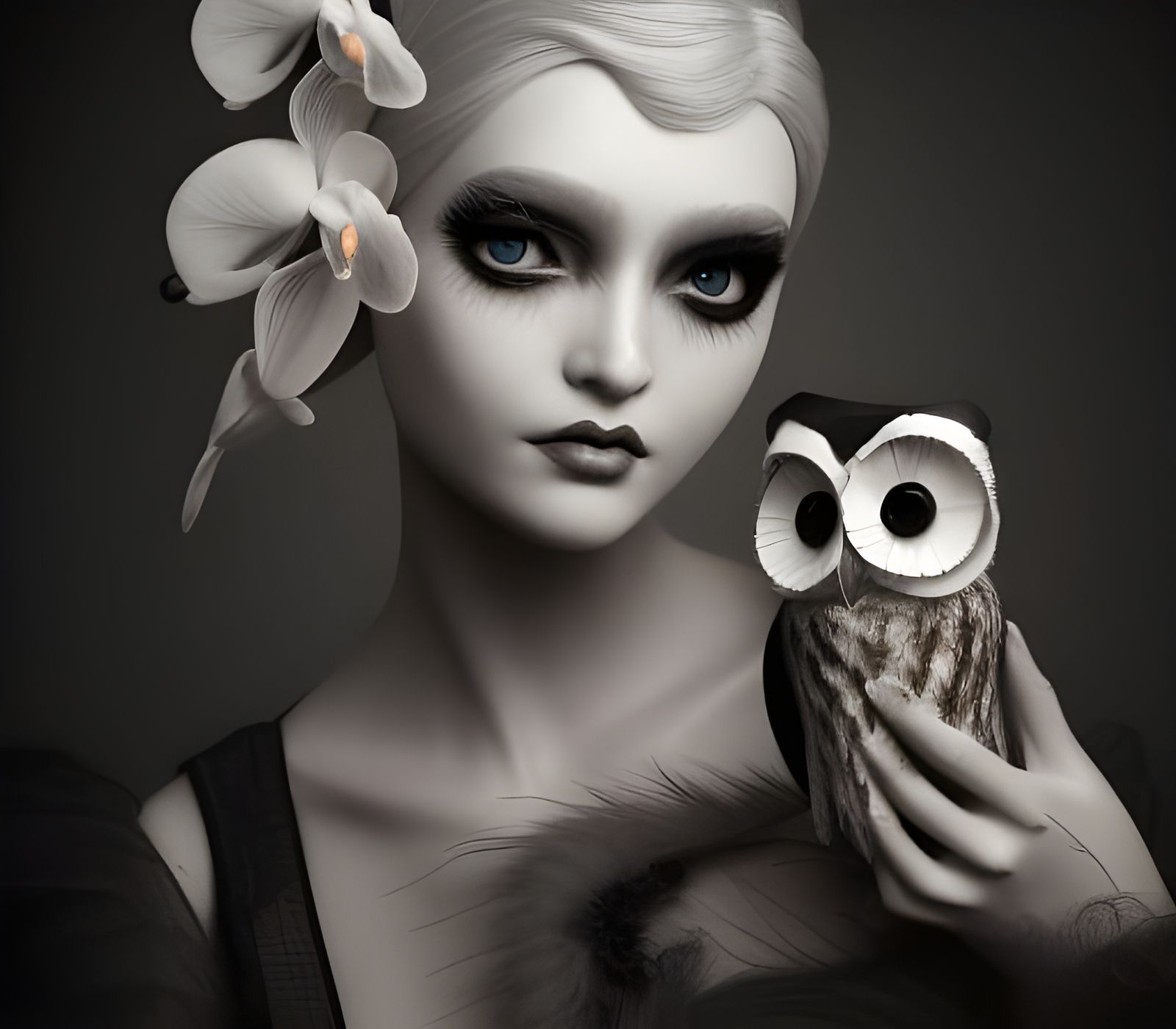 Delicate Robot Witch Portrait in Black and White