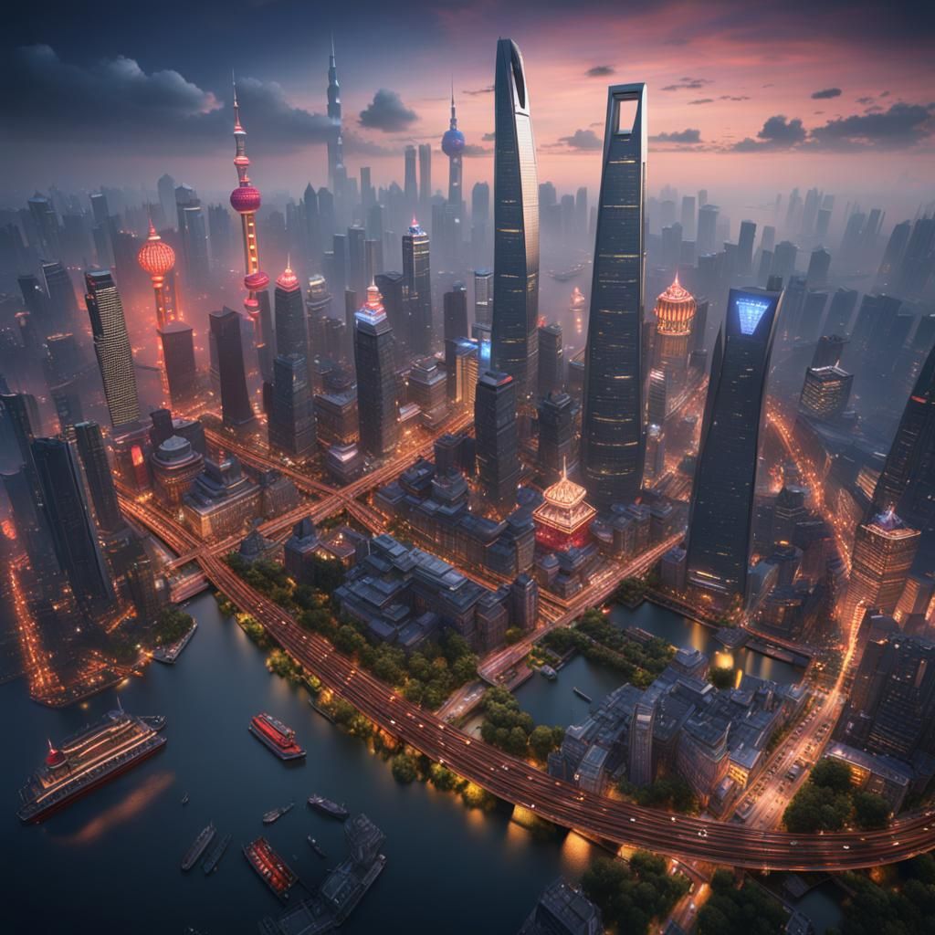 Shanghai Cityscape in Detailed Matte Painting Style