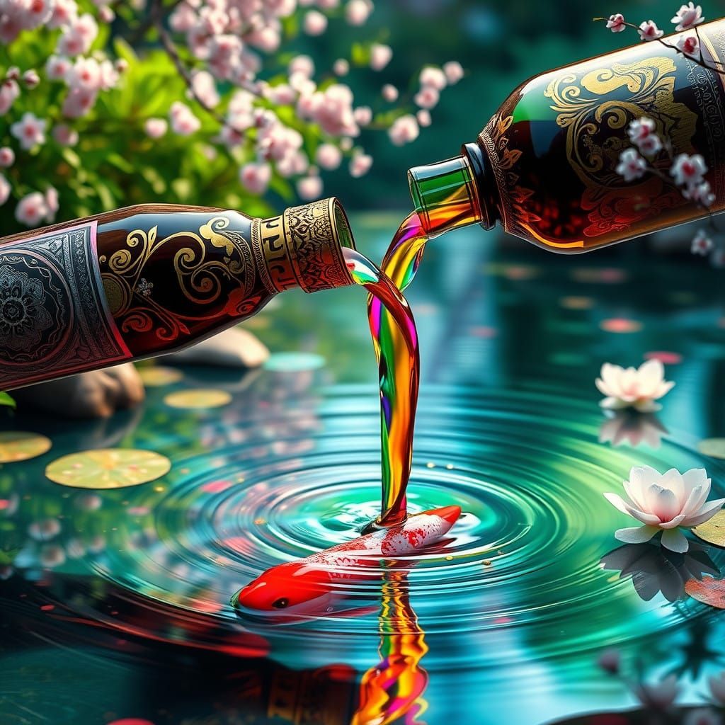 Majestic Wine Bottle Pouring Rainbow Liquid into Iridescent...