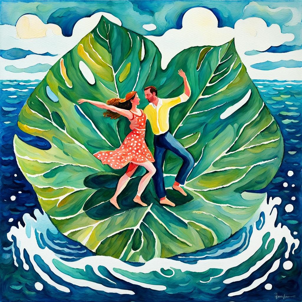 Couple Dancing on Floating Leaf, Impressionist Gouache