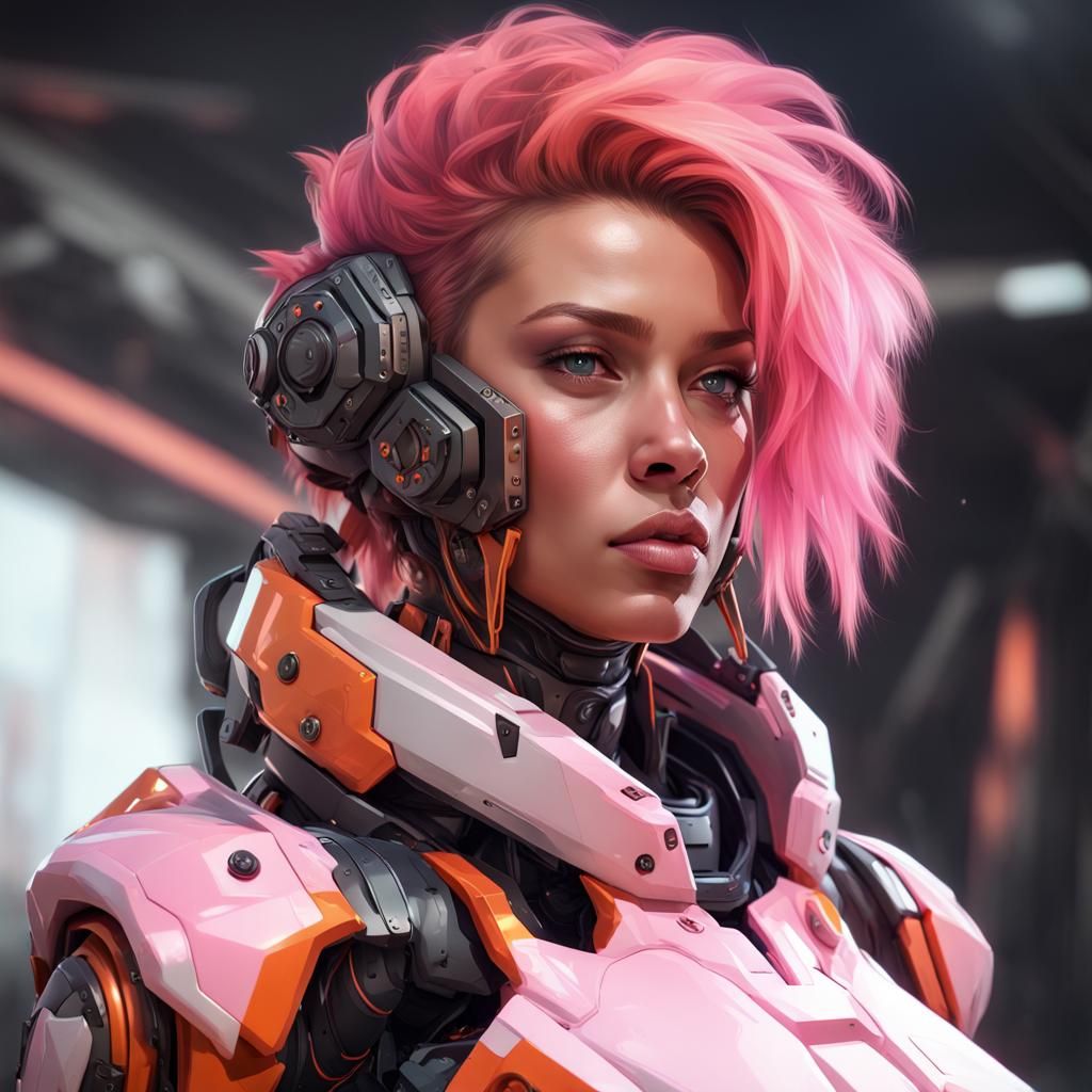 Pink-Haired Pilot in Black and Orange Mech, Hyperdetailed