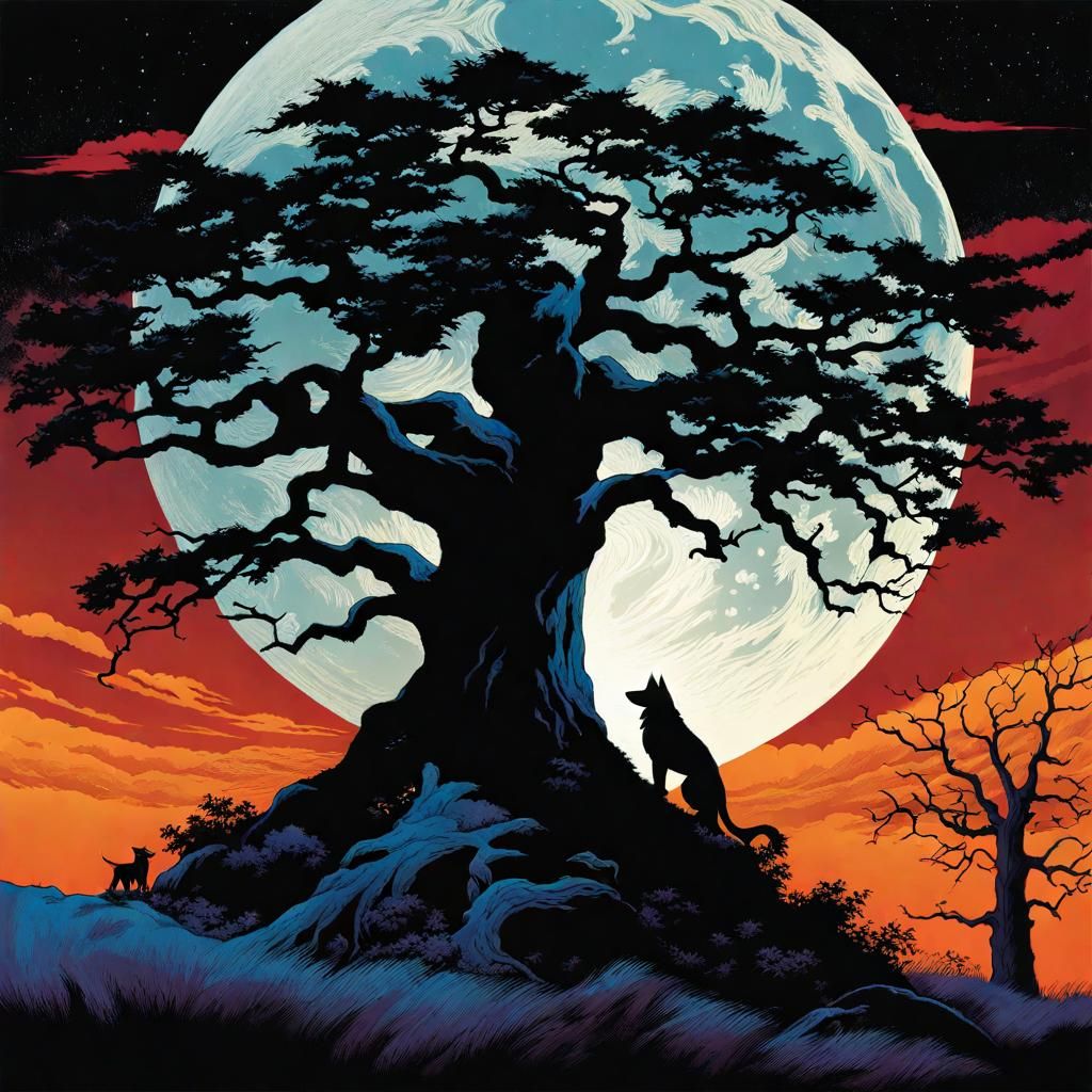 Haunted Tree Digital Art with Engineer and Dog