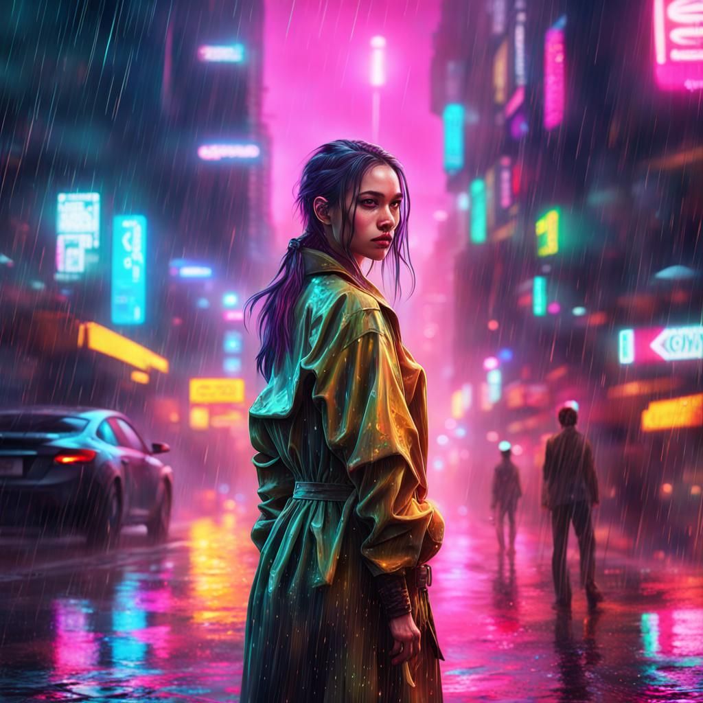 Dreamy Cyberpunk Girl in Neon Rainy Setting