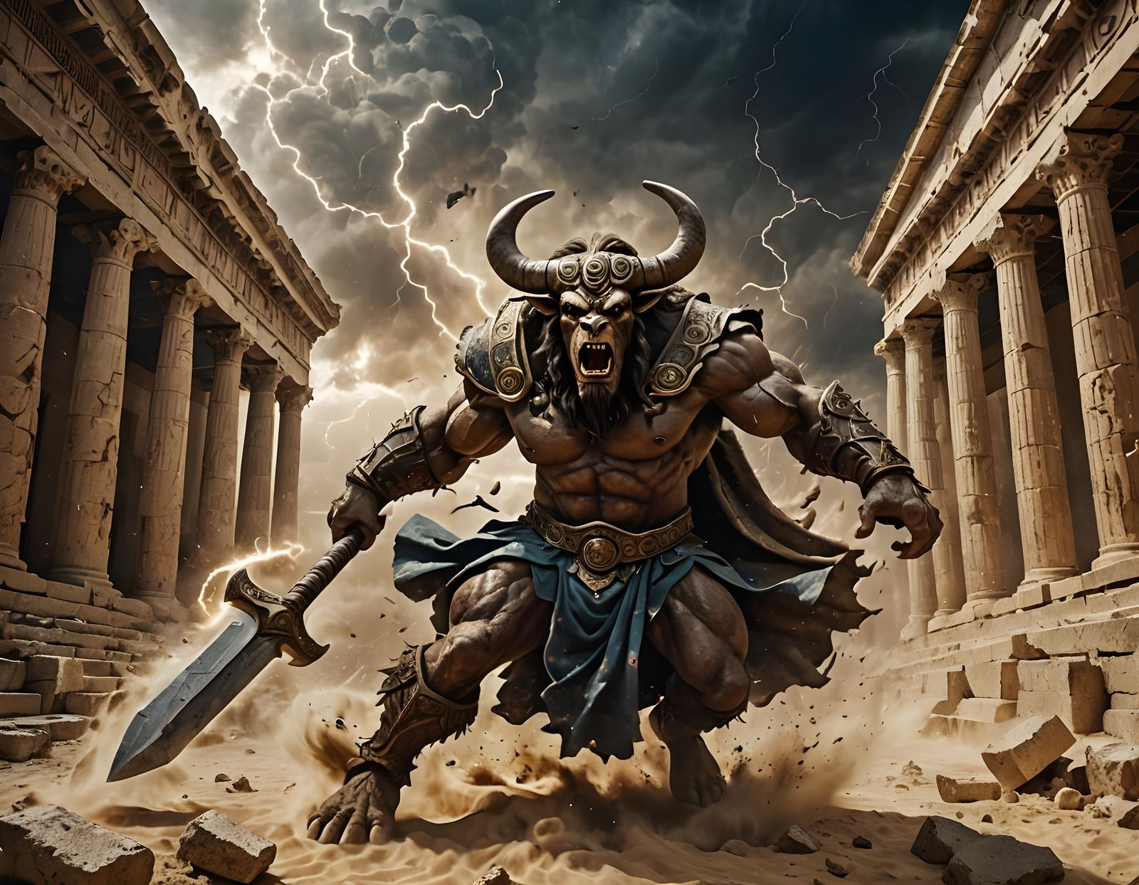 Minotaur Wizard Charges Through Ancient Greek Ruins