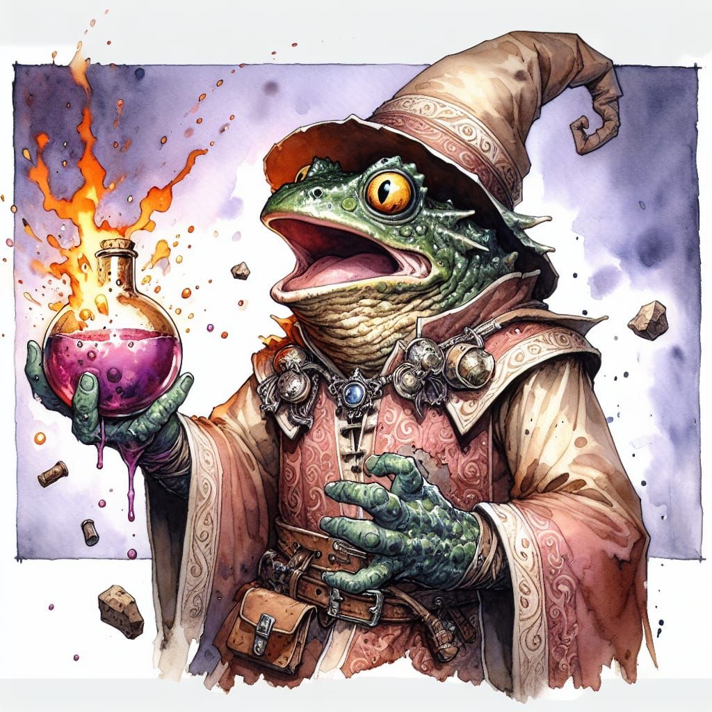 Surprised Sorcerer Mishap in Watercolor and Ink