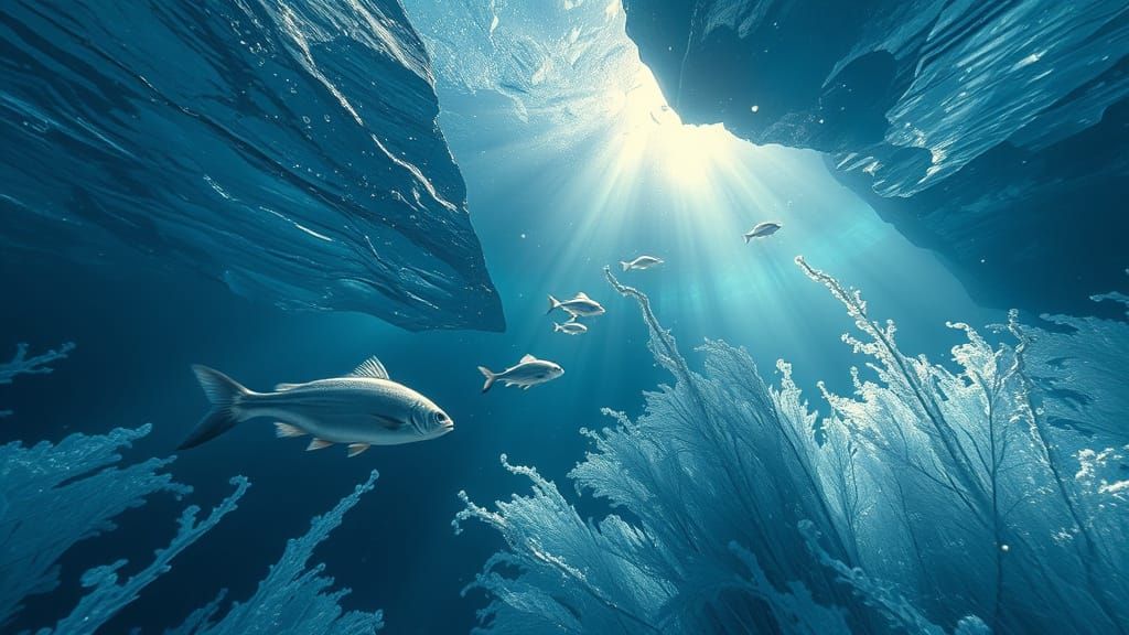 Ethereal Underwater Winter Scene with Silver Fish