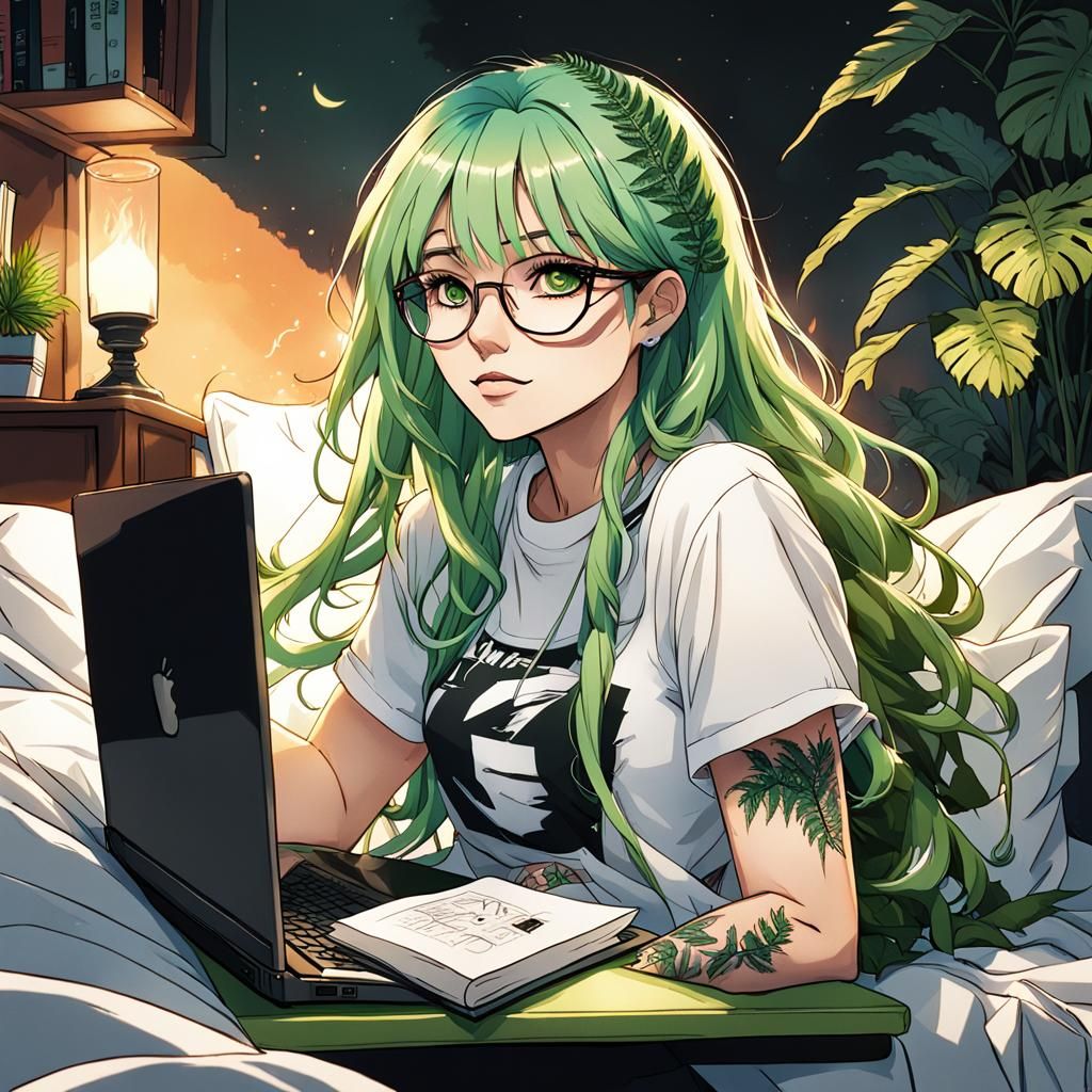 Anime Girl with Green Hair Studying Birding Books