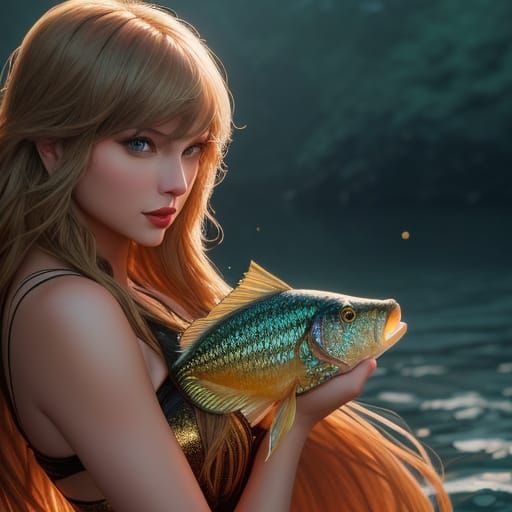 Taylor Swift With Fish, Golden Hour Oil Painting