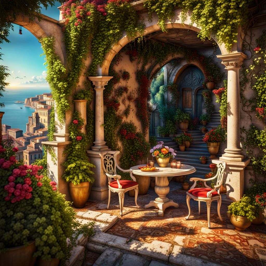 Italian patio garden with a view