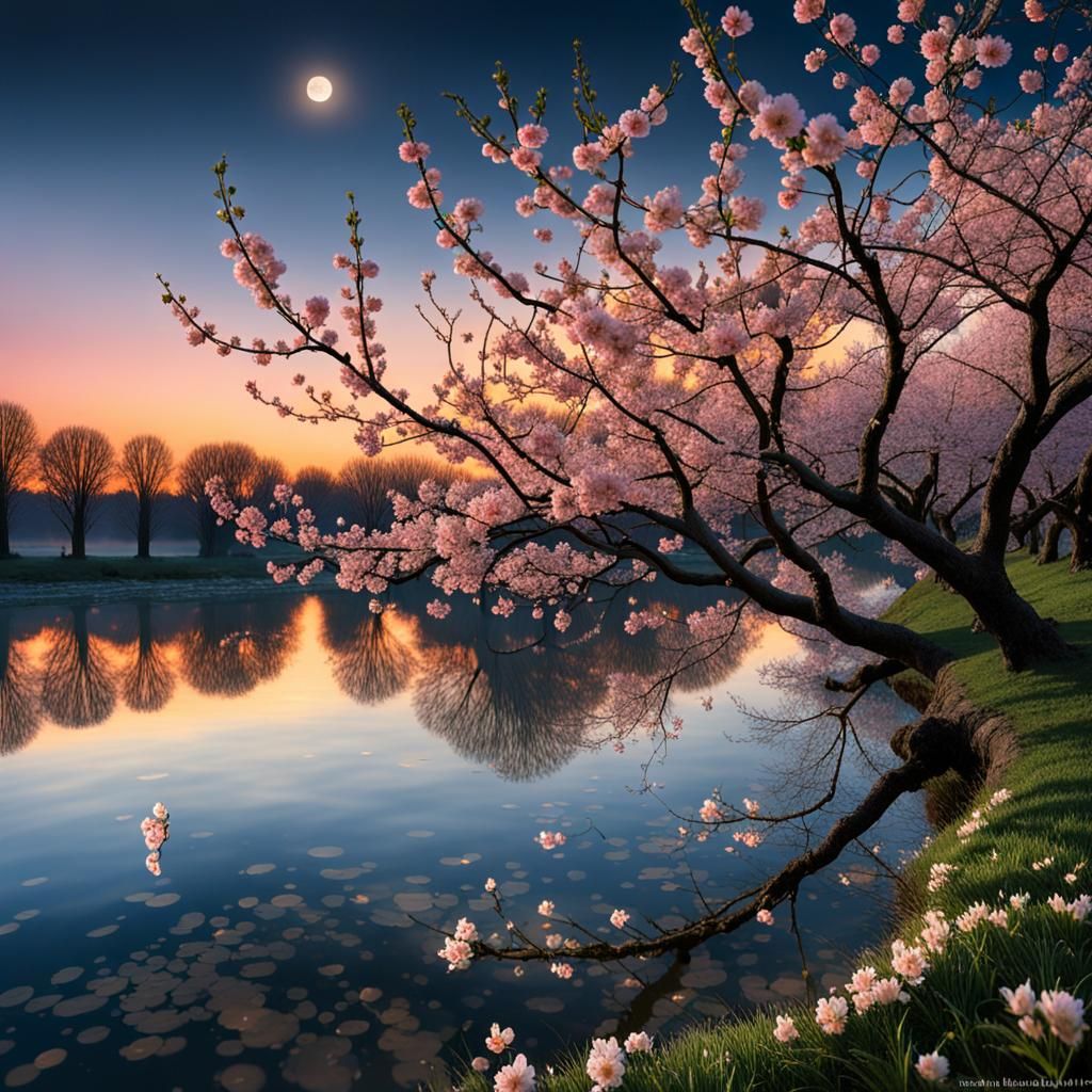 Cherry Blossom Sunset by Calm Waters