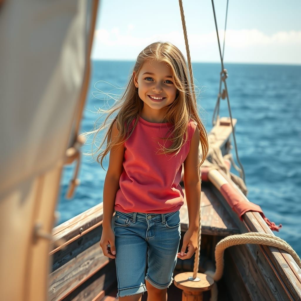 Girl by Sailboat with Hyper-Realistic Textures