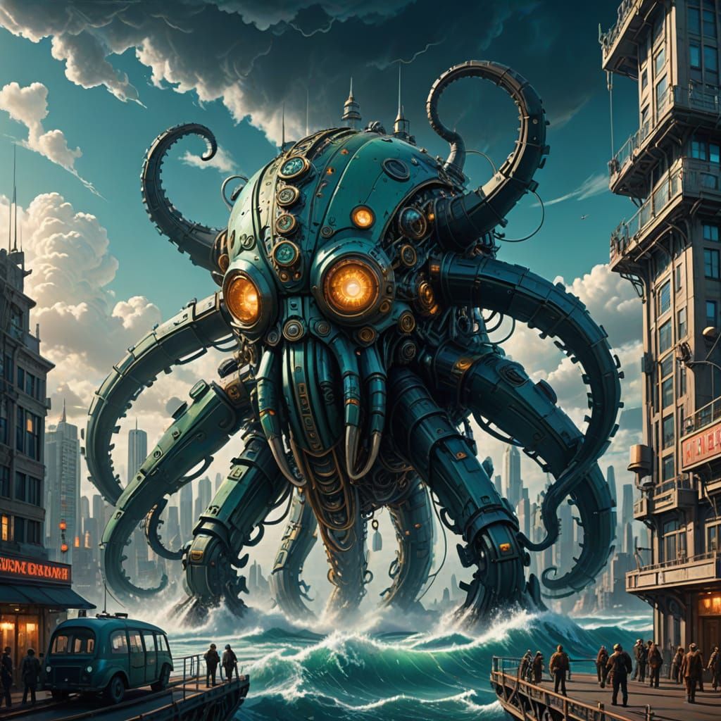 Mechanical Kraken Attacks Art Deco City in Sci-Fi Concept Ar...