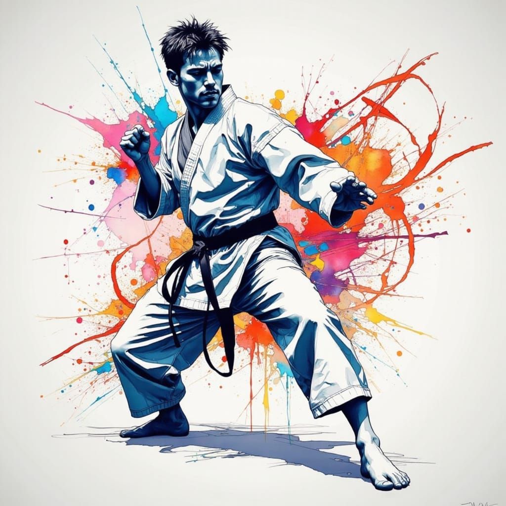 Dynamic Abstract Pencil Sketch of Karate Fighter