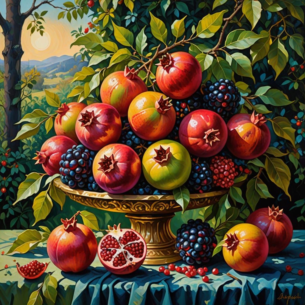 Vibrant Pomegranates in a Golden Garden