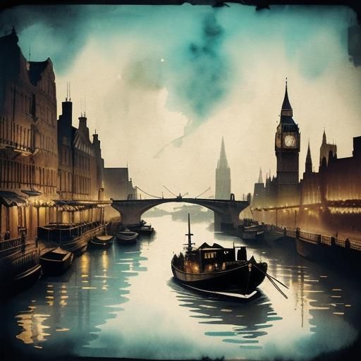 Steampunk Boat on Thames in Ink Painting Style