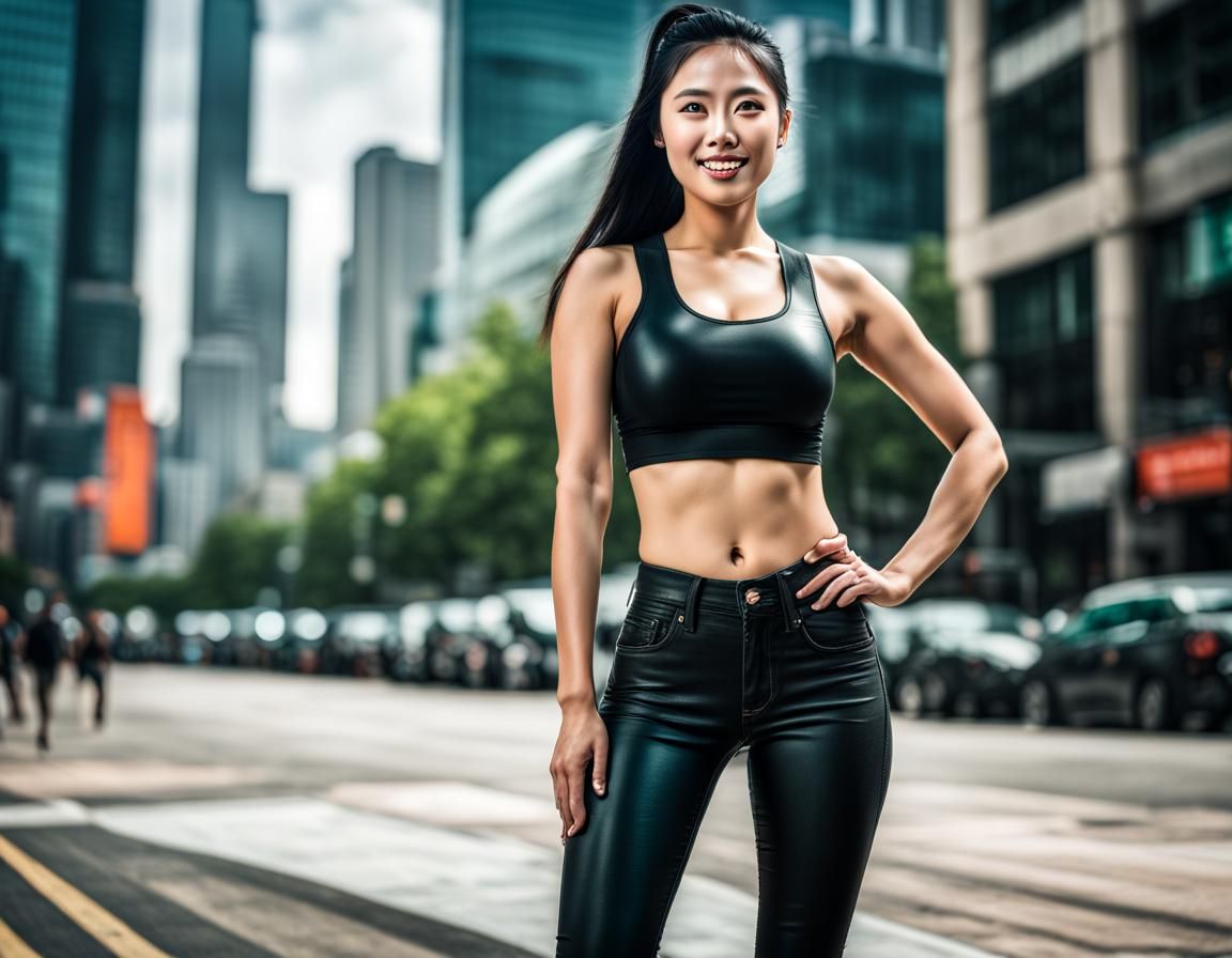 Beautiful Asian Woman in Cityscape: Hyperrealistic Image