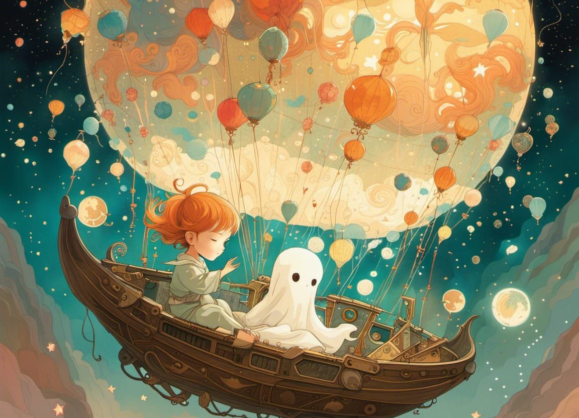 Ethereal Chibi Ghost Floating in Starry Realm