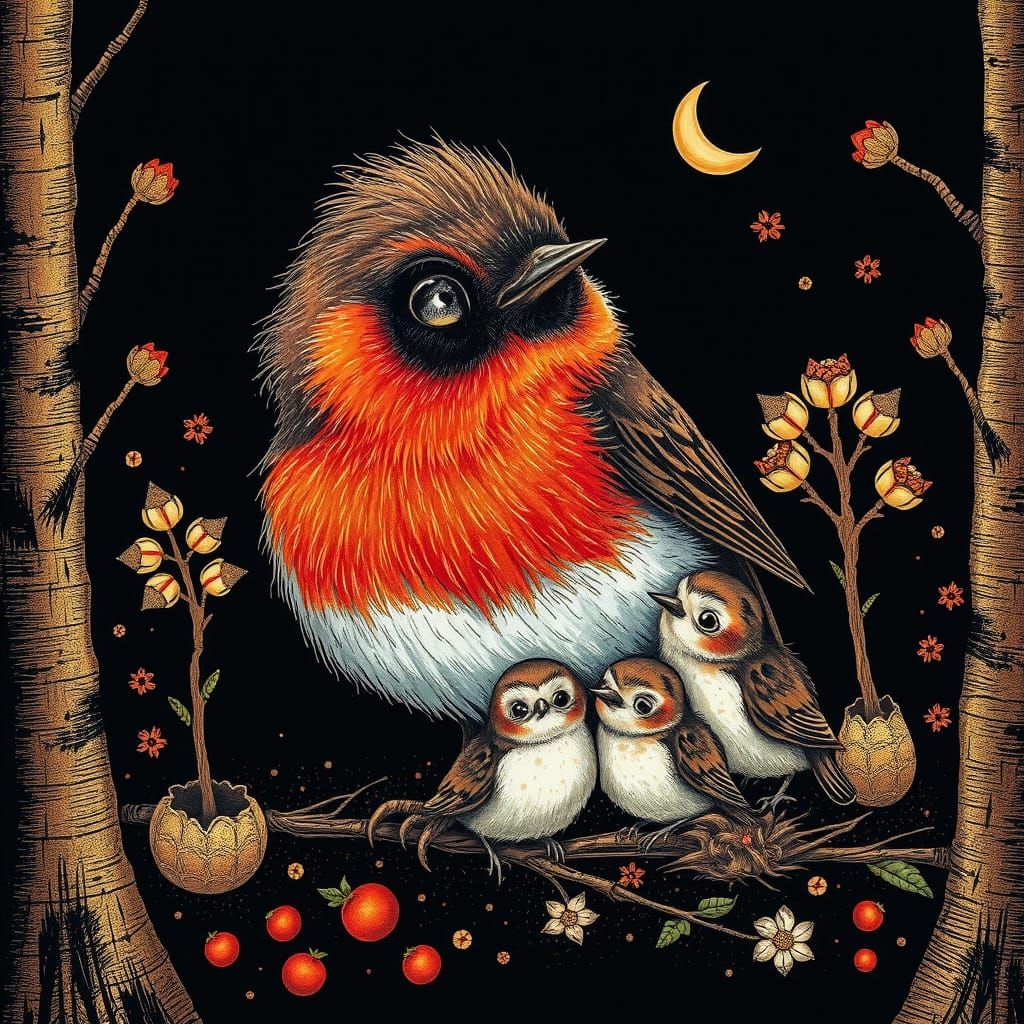 Robin Family in Whimsical Forest: Kawaii Scratch Art