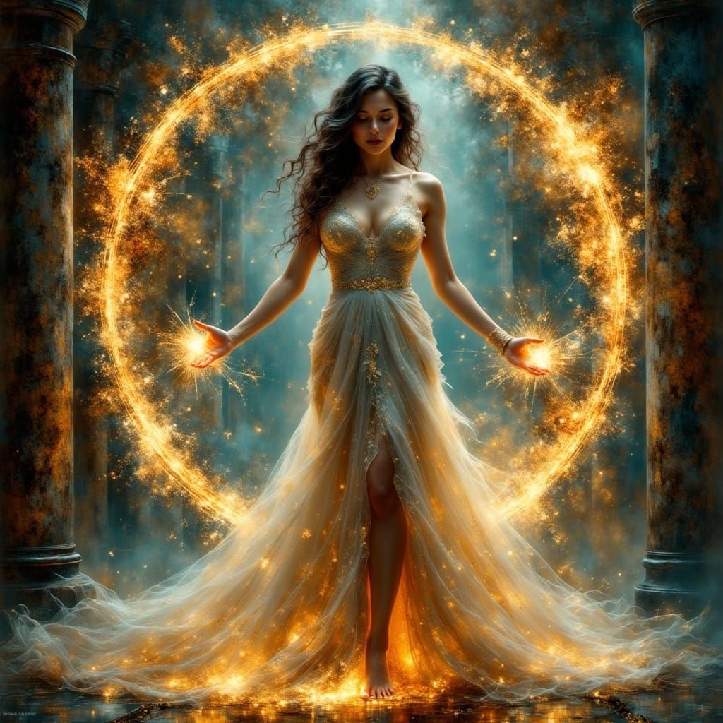 Ethereal Sorceress Conjuring Arcane Energy in Glowing Runes