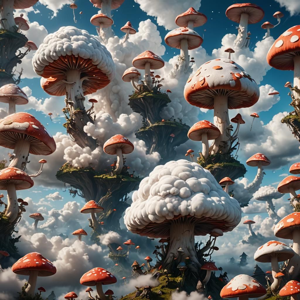 Surreal Cloud Shrooms in Sky: Fantasy Concept Art
