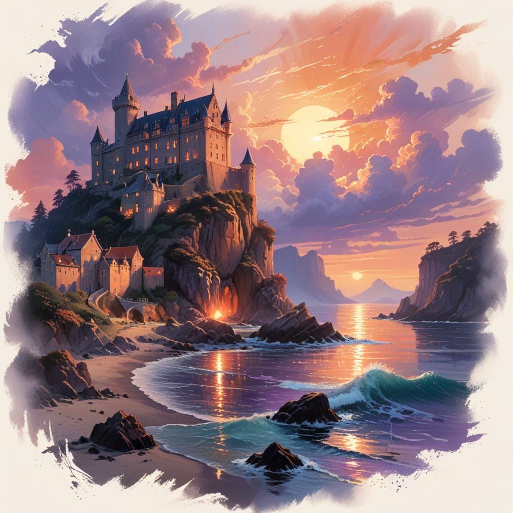 Majestic Twilight Castle Silhouetted Against Vibrant Sunset