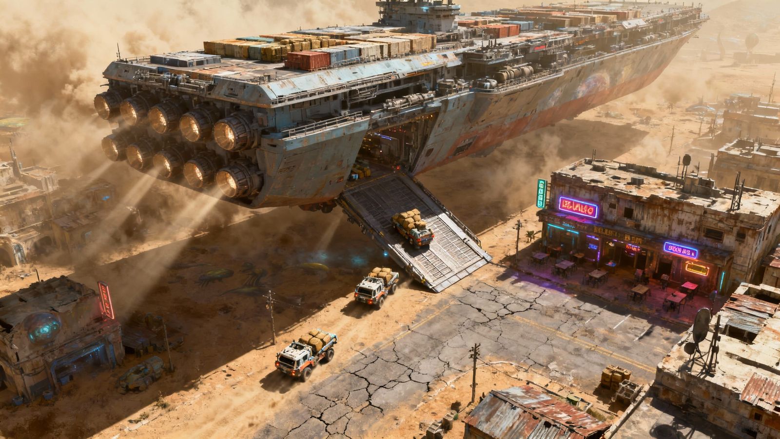 Colossal Sci-Fi Cargo Ship Above Alien Town