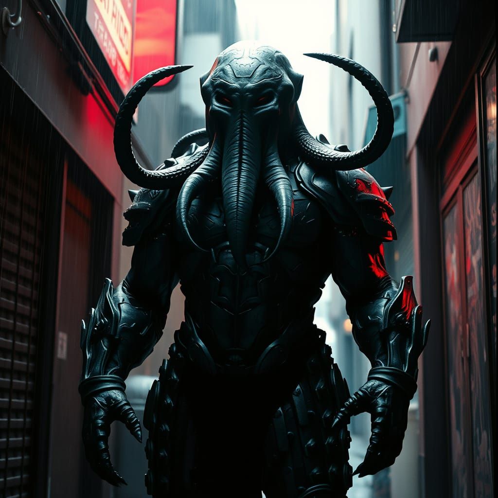 Armored Cthulhu in Neo-Tokyo with Chupacabra