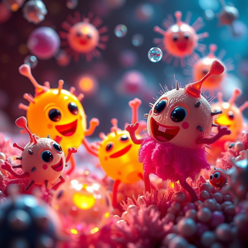 Merry Microbes Party in Vivid Microscopic World