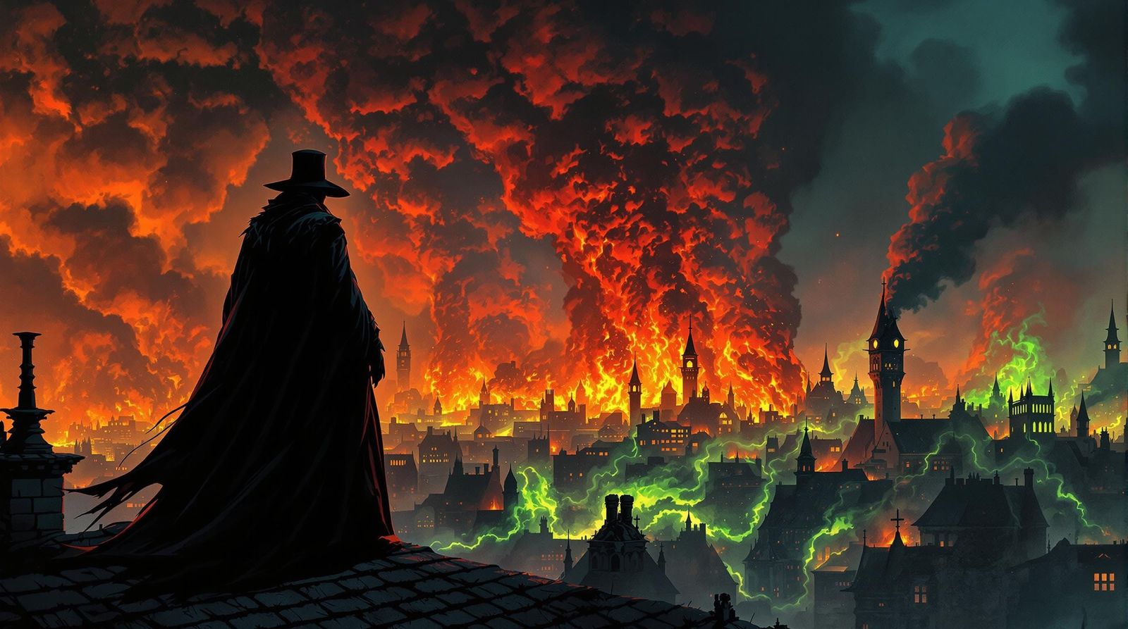 Plague Doctor Confronts Apocalyptic Gothic City