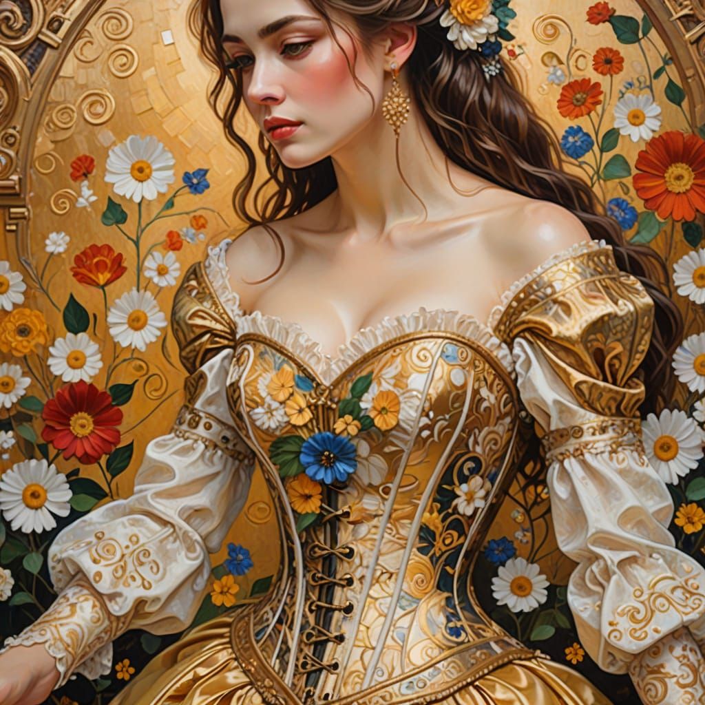 Elegant White and Gold Corset with Delicate Florals in Oil P...