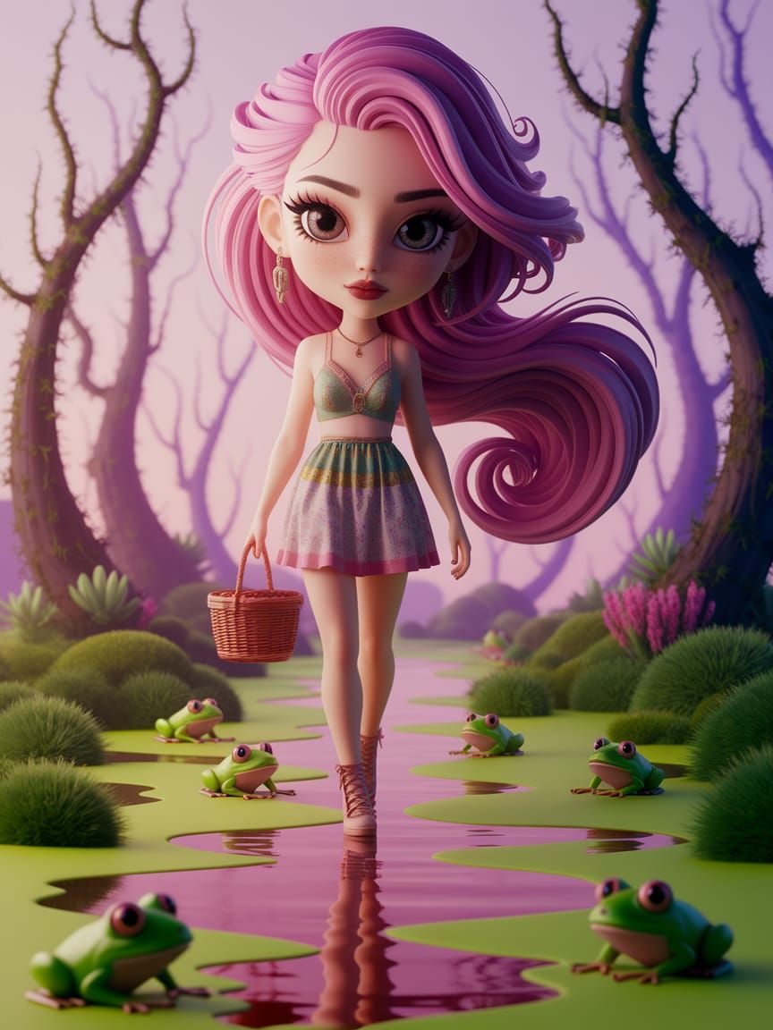 Anime Woman in Surreal Swamp as 3D Manga Art