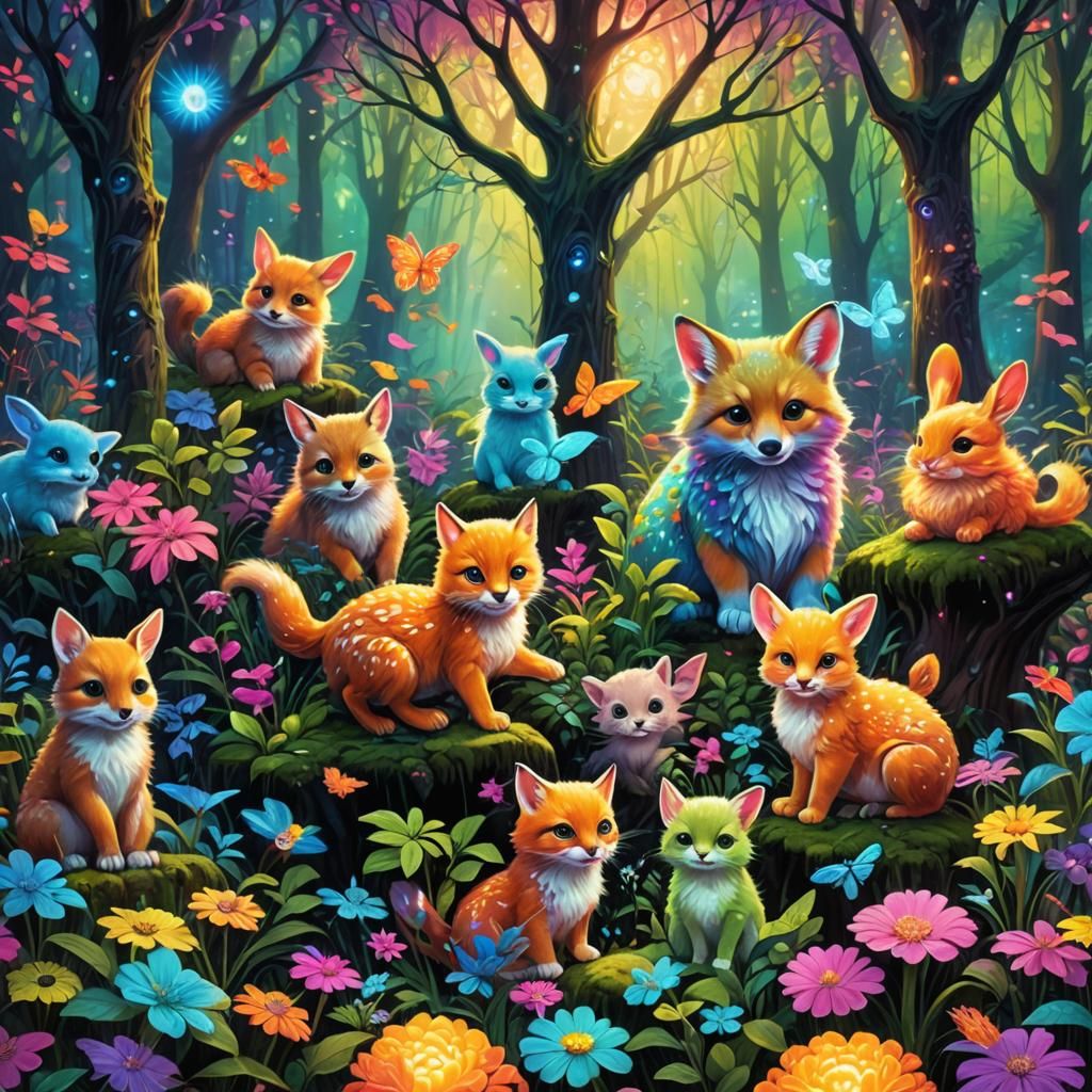 Neon Baby Animals in Psychedelic Forest Art