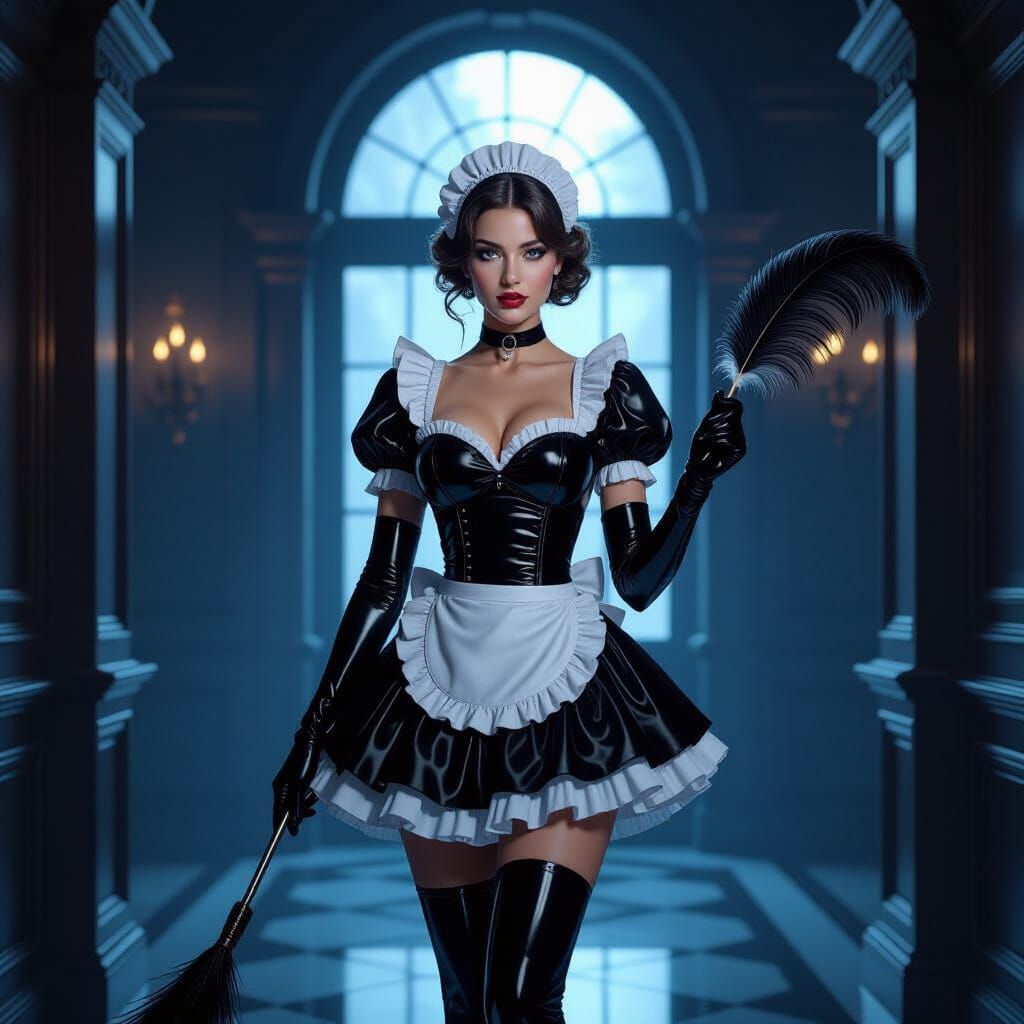 Elegant Maid in Latex Mini-Skirt in Manor Hallway