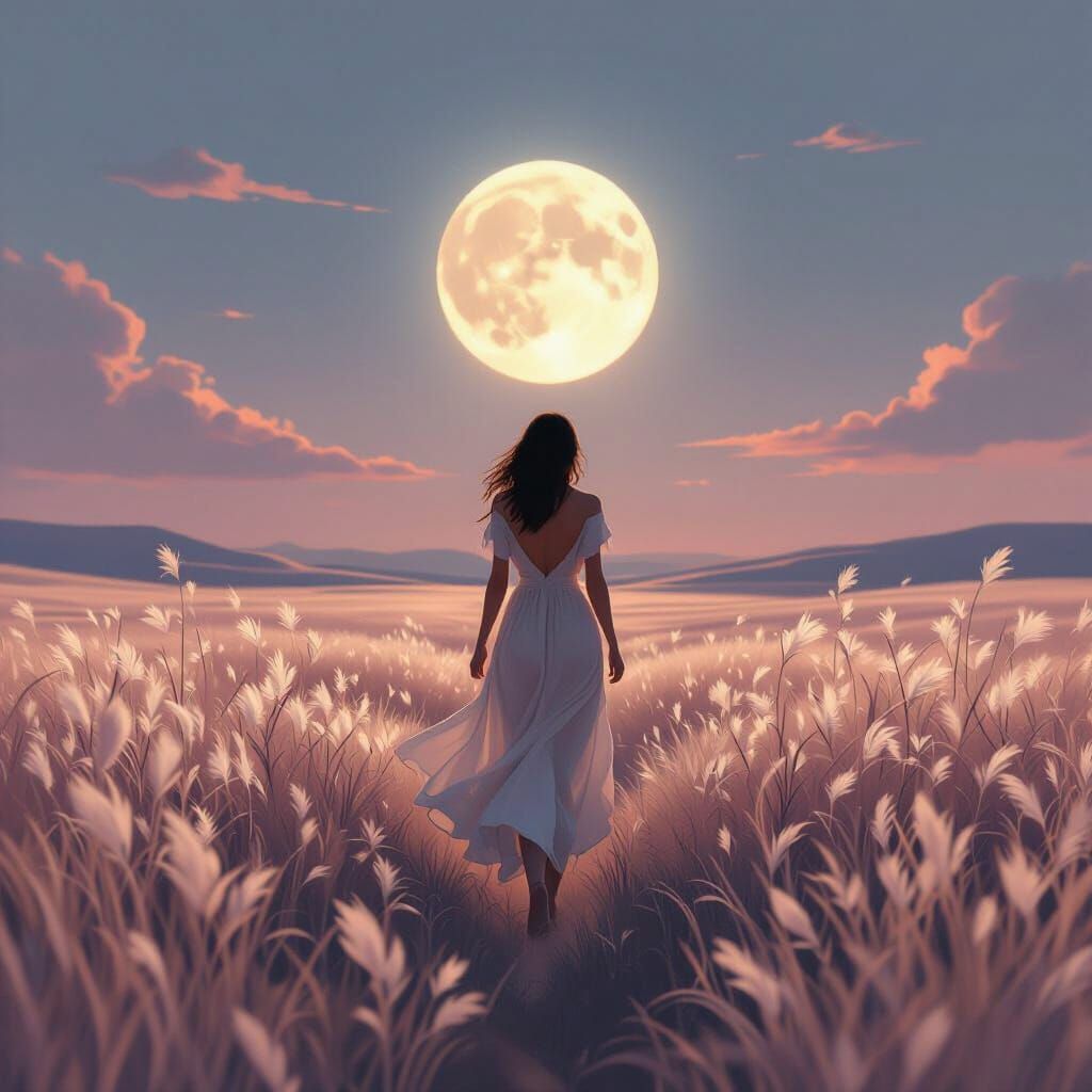 Ethereal Woman Walking to Moon in Dreamscape