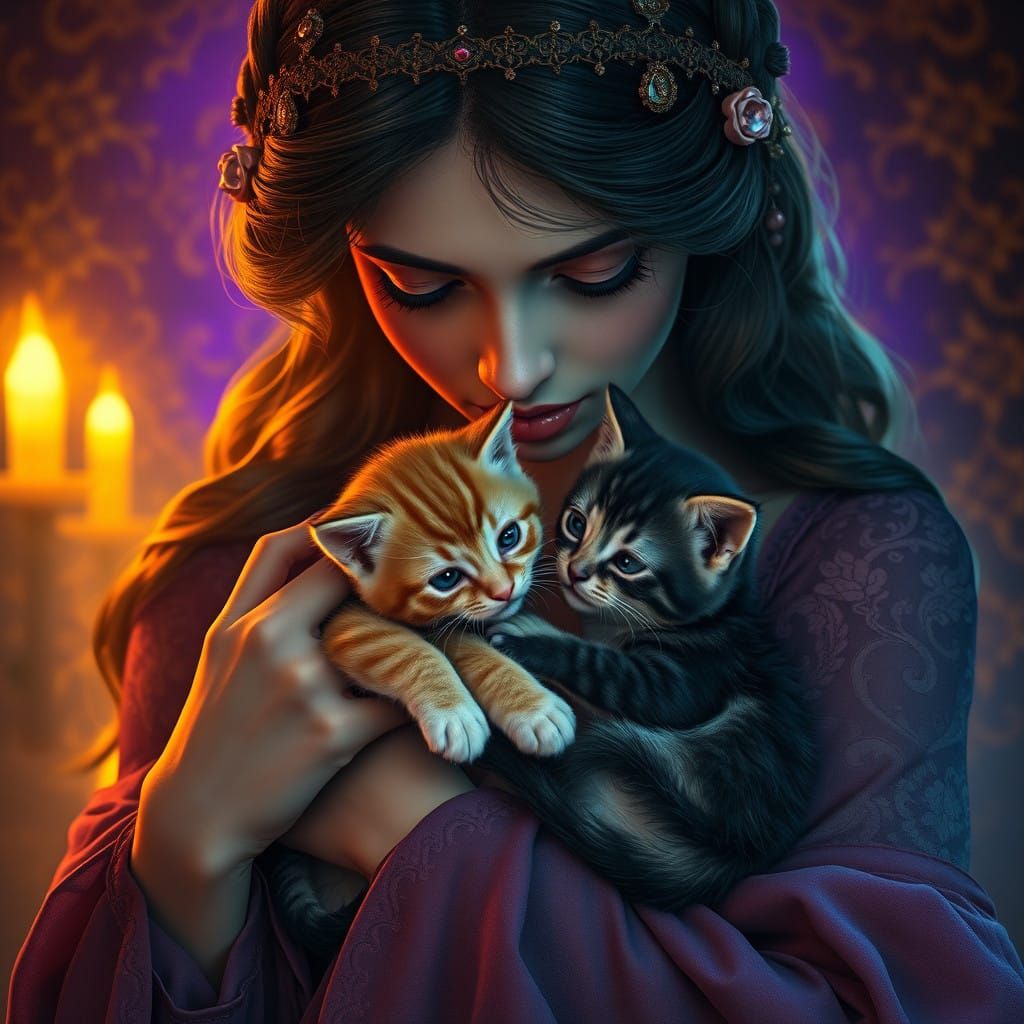 Whispering Woman and Mysterious Kittens in Art Nouveau Style