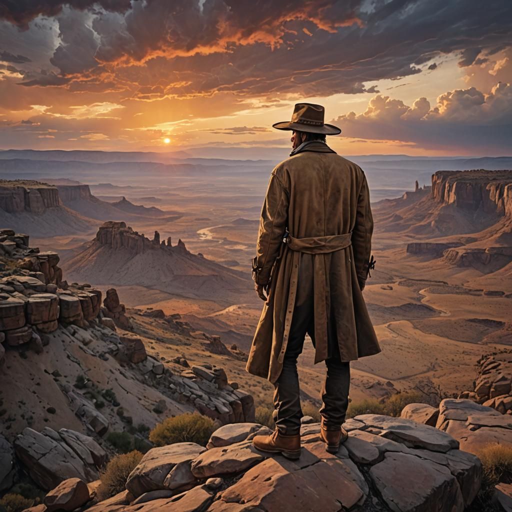 Lone Cowboy at Fiery Sunset in Art Nouveau Style
