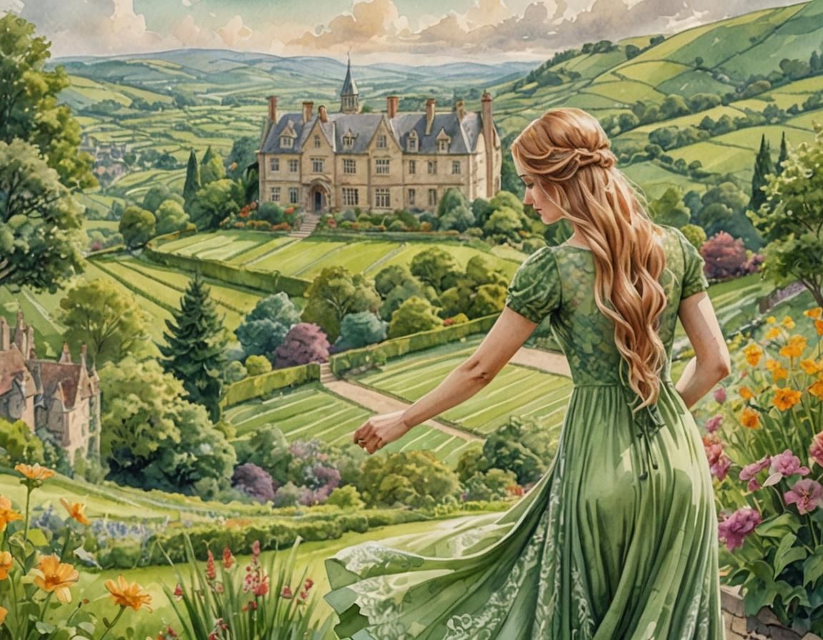 Watercolor Painting of Woman in Valley with Manor