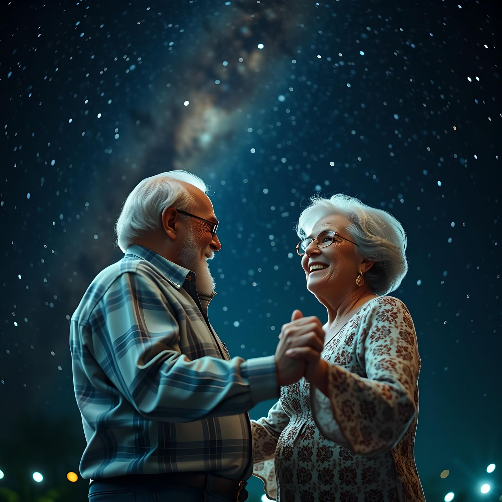Elderly Couple Dancing Under Starry Night Sky