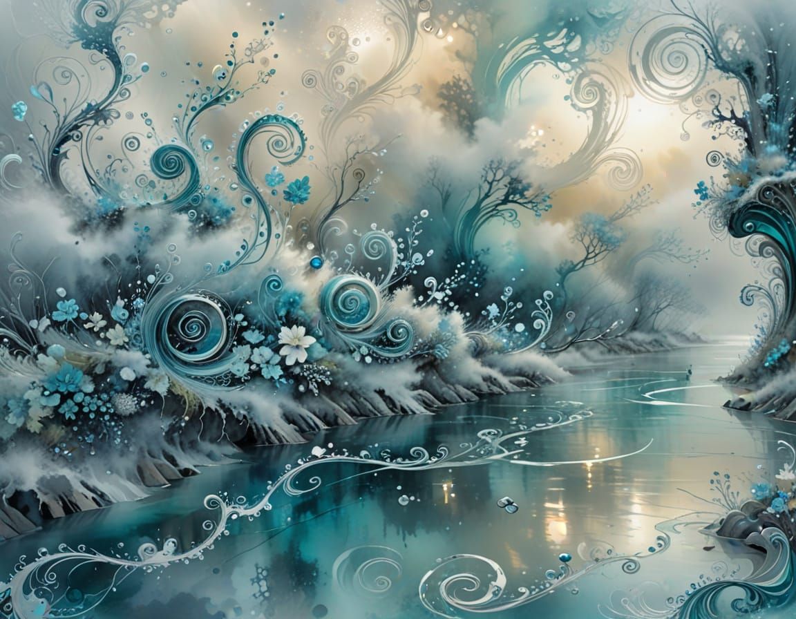 (river:1.2), Natasha Wescoat and Willem Haenraets, nacre and turquoise dominant, with lignes of flowing metallic liquid ...