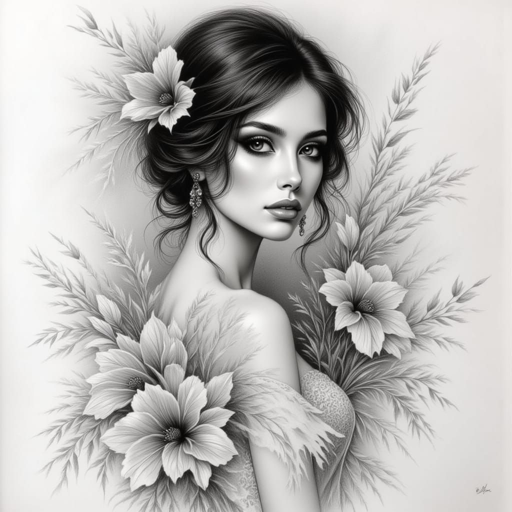 Elegant Woman in Guohua Style Grayscale Drawing