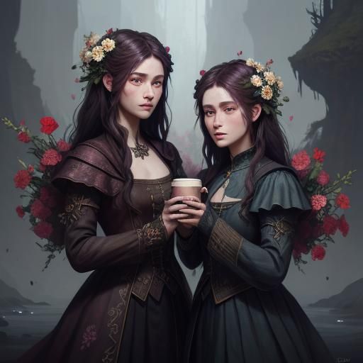 Two-Headed Woman with Coffee and Flowers