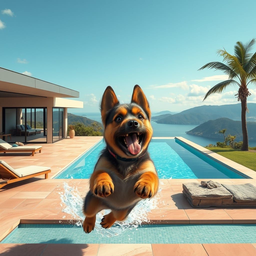 Dog's Joyful Dive into Rooftop Pool