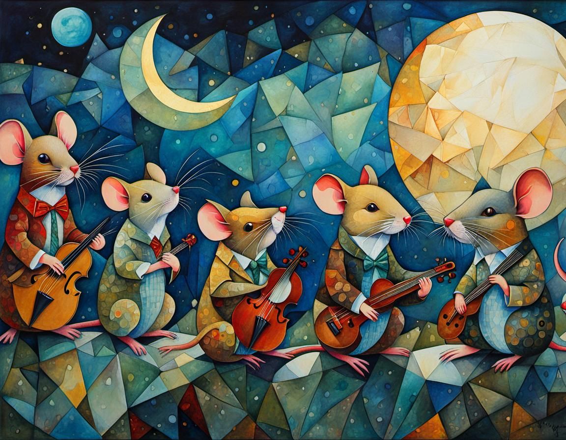 Mice Moonlight Musicians in Alcohol Ink Cubism