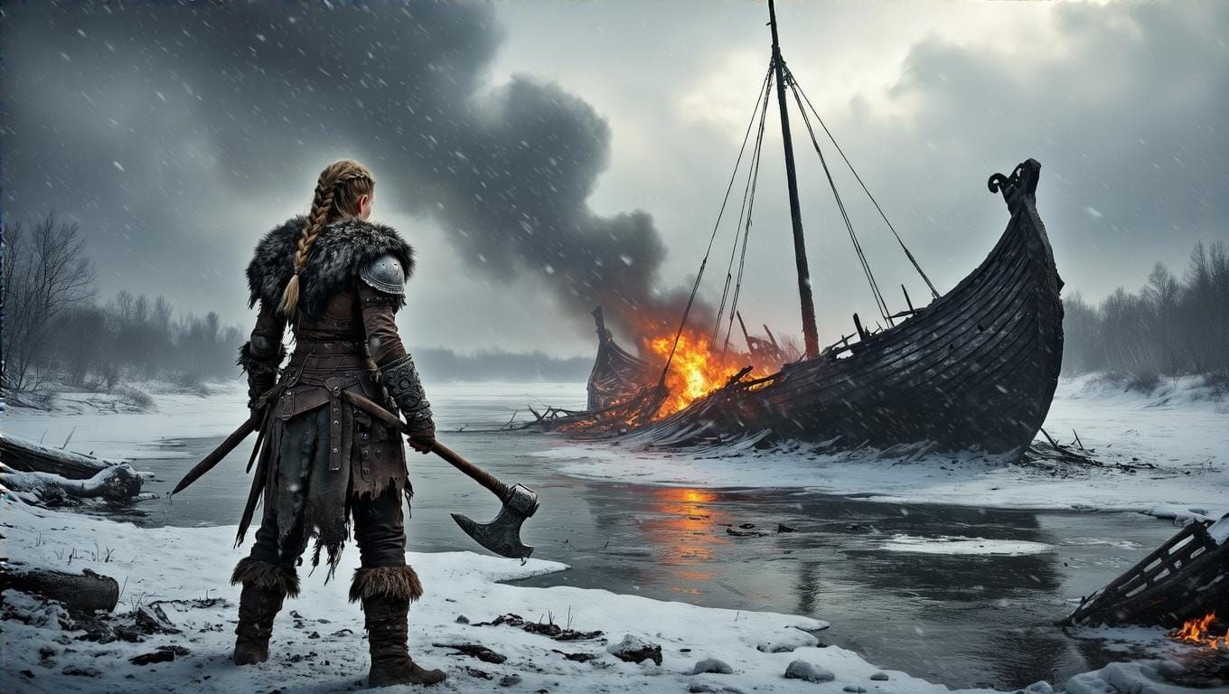 Viking Warrior Inspects Ship Wreckage in Winter Storm